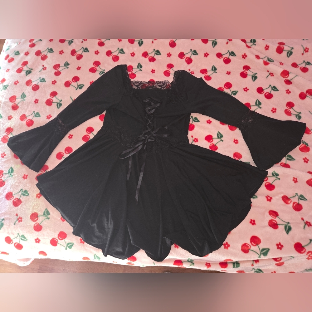 Black Gothic Lace-Up Bell Sleeve Top